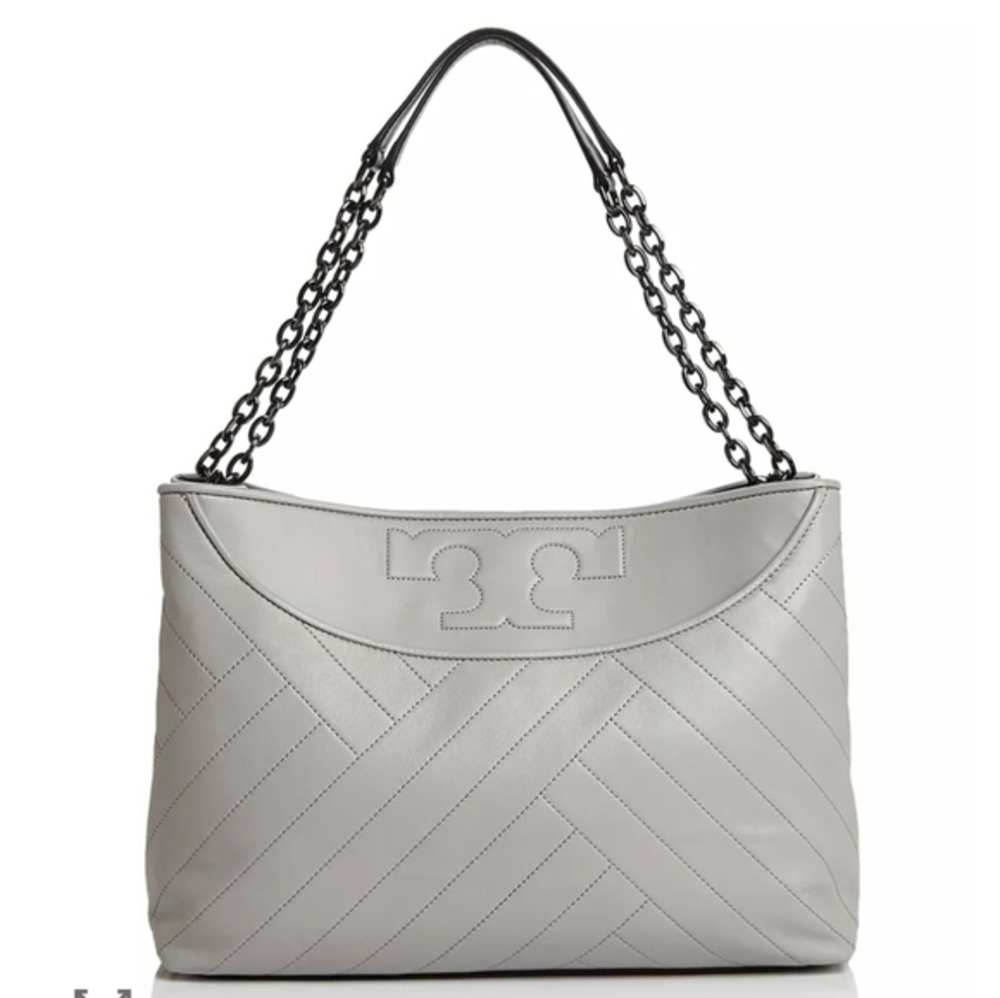 Tory Burch Alexa Quilted Slouchy Leather Tote Cement Grey Gray Luxury Chevron